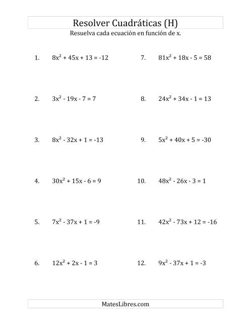La hoja de ejercicios de Resolver Ecuaciones Cuadráticas Iguales a Un Número Entero, con Coeficientes Principales Menores que o Iguales a 81 (H)