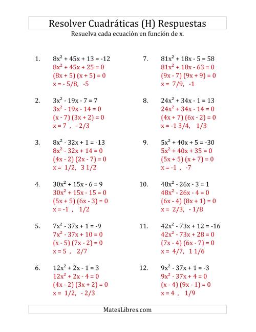 La hoja de ejercicios de Resolver Ecuaciones Cuadráticas Iguales a Un Número Entero, con Coeficientes Principales Menores que o Iguales a 81 (H) Página 2