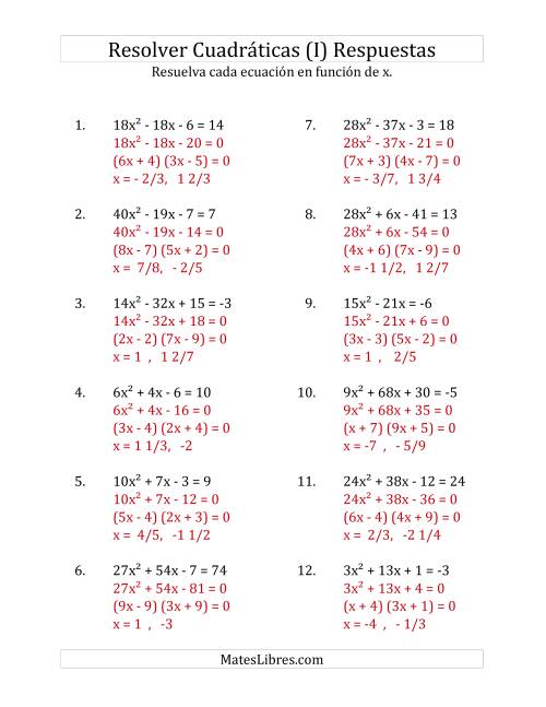 La hoja de ejercicios de Resolver Ecuaciones Cuadráticas Iguales a Un Número Entero, con Coeficientes Principales Menores que o Iguales a 81 (I) Página 2