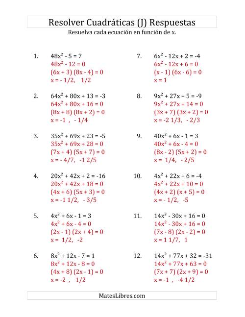 La hoja de ejercicios de Resolver Ecuaciones Cuadráticas Iguales a Un Número Entero, con Coeficientes Principales Menores que o Iguales a 81 (J) Página 2