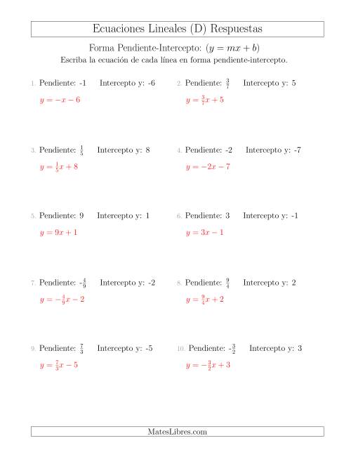 La hoja de ejercicios de Escribir una ecuación lineal a partir de la pendiente y el intercepto y (D) Página 2