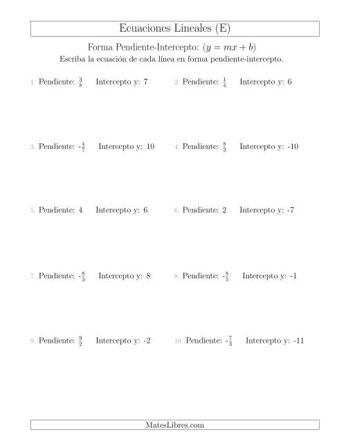 La hoja de ejercicios de Escribir una ecuación lineal a partir de la pendiente y el intercepto y (E)