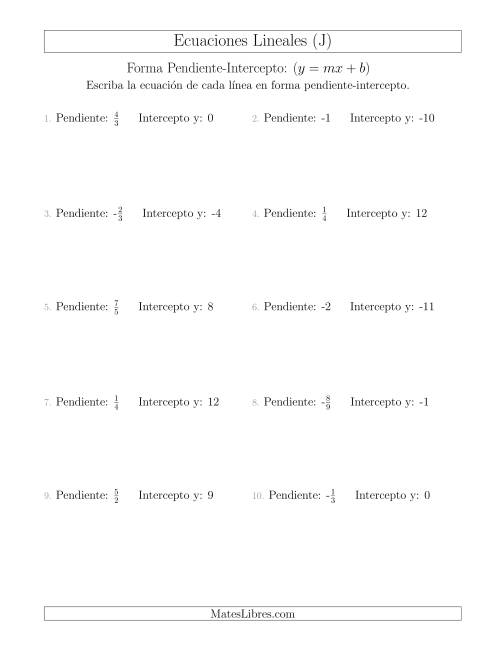 La hoja de ejercicios de Escribir una ecuación lineal a partir de la pendiente y el intercepto y (J)