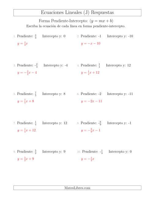 La hoja de ejercicios de Escribir una ecuación lineal a partir de la pendiente y el intercepto y (J) Página 2