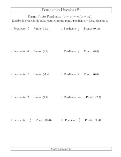 La hoja de ejercicios de Escribir una ecuación lineal a partir de la pendiente y un punto (B)