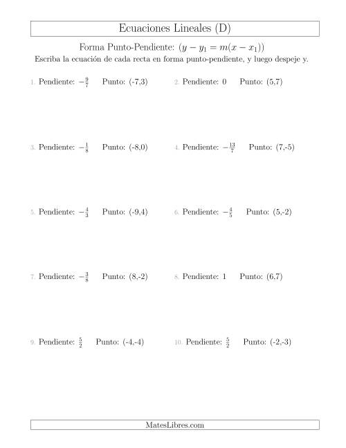 La hoja de ejercicios de Escribir una ecuación lineal a partir de la pendiente y un punto (D)