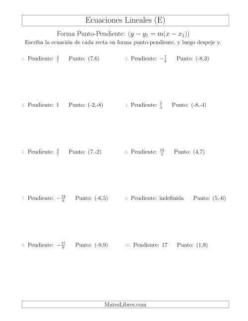 La hoja de ejercicios de Escribir una ecuación lineal a partir de la pendiente y un punto (E)