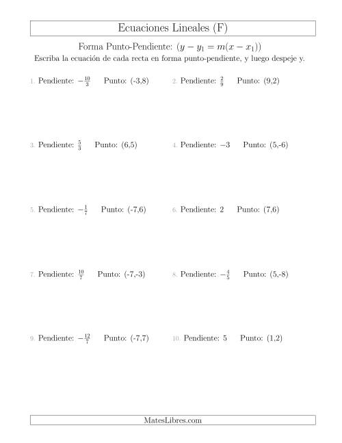 La hoja de ejercicios de Escribir una ecuación lineal a partir de la pendiente y un punto (F)