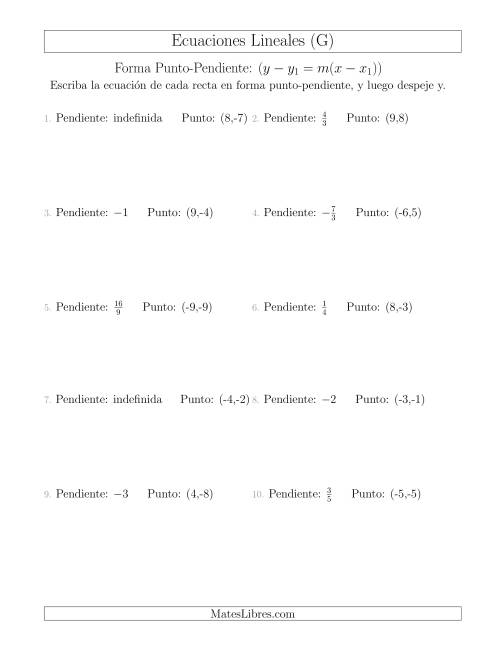 La hoja de ejercicios de Escribir una ecuación lineal a partir de la pendiente y un punto (G)