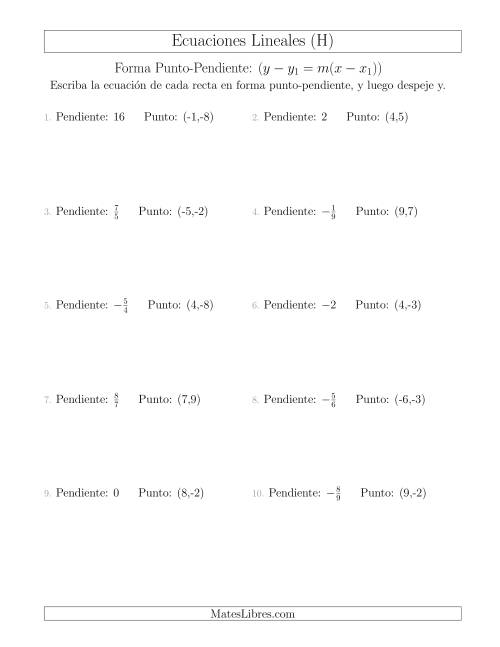La hoja de ejercicios de Escribir una ecuación lineal a partir de la pendiente y un punto (H)