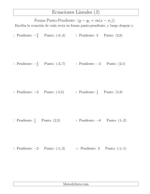 La hoja de ejercicios de Escribir una ecuación lineal a partir de la pendiente y un punto (J)