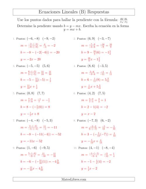 La hoja de ejercicios de Escribir una ecuación lineal a partir de dos puntos (B) Página 2