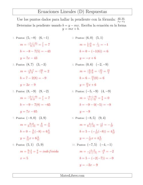 La hoja de ejercicios de Escribir una ecuación lineal a partir de dos puntos (D) Página 2