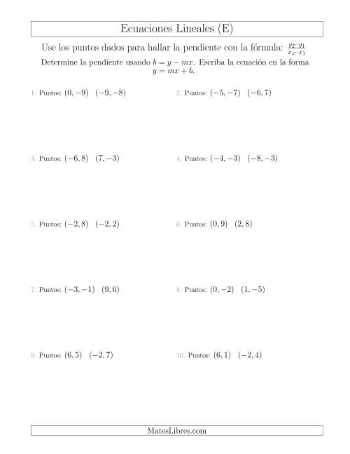 La hoja de ejercicios de Escribir una ecuación lineal a partir de dos puntos (E)