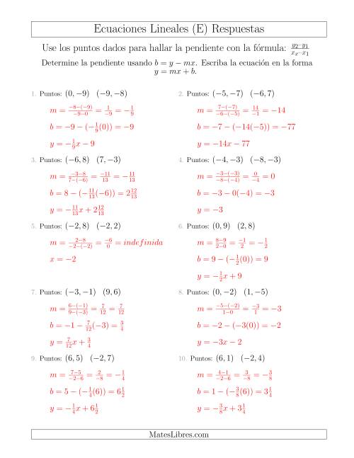 La hoja de ejercicios de Escribir una ecuación lineal a partir de dos puntos (E) Página 2