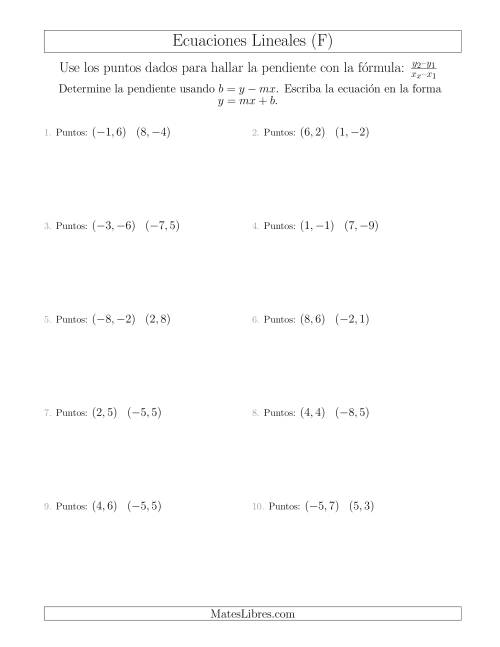 La hoja de ejercicios de Escribir una ecuación lineal a partir de dos puntos (F)