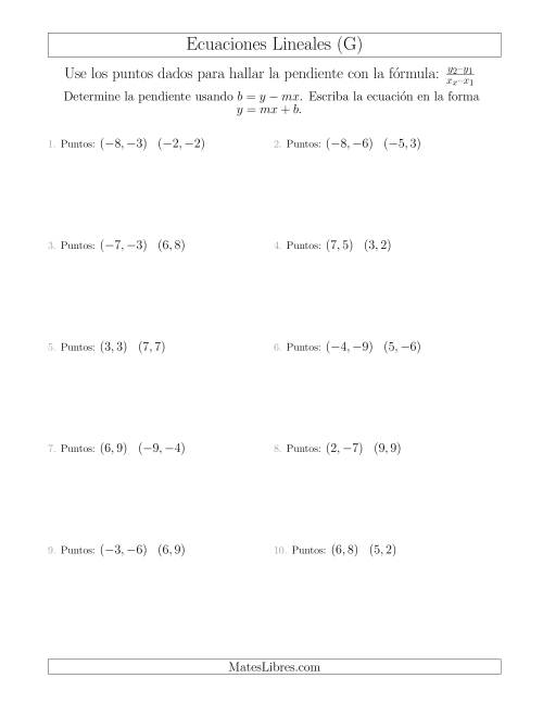 La hoja de ejercicios de Escribir una ecuación lineal a partir de dos puntos (G)