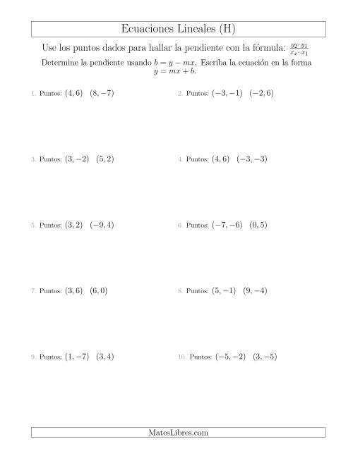 La hoja de ejercicios de Escribir una ecuación lineal a partir de dos puntos (H)