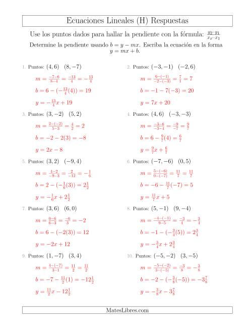 La hoja de ejercicios de Escribir una ecuación lineal a partir de dos puntos (H) Página 2
