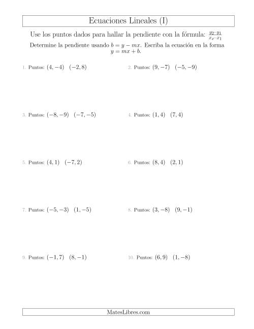 La hoja de ejercicios de Escribir una ecuación lineal a partir de dos puntos (I)