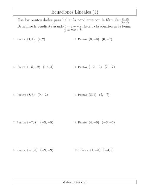 La hoja de ejercicios de Escribir una ecuación lineal a partir de dos puntos (J)
