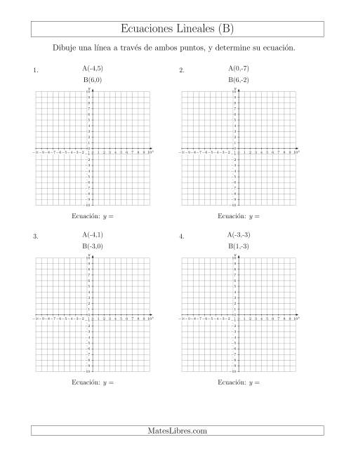 La hoja de ejercicios de Escribir una ecuación lineal dibujando a partir de dos puntos (B)