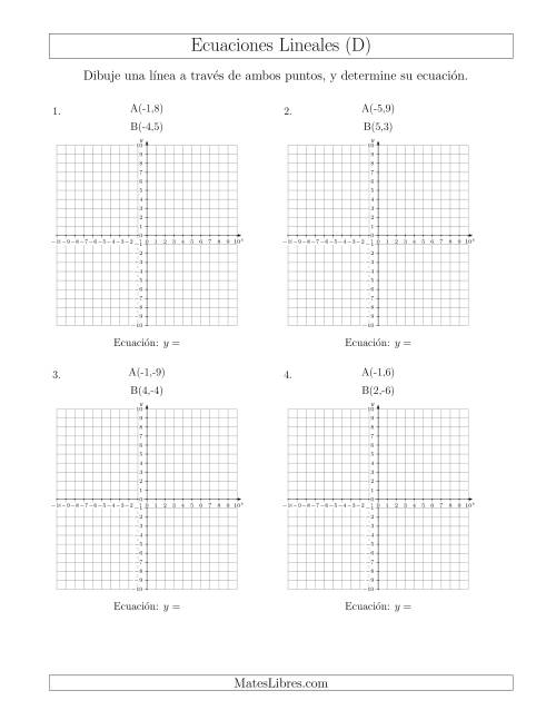 La hoja de ejercicios de Escribir una ecuación lineal dibujando a partir de dos puntos (D)