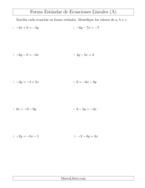 La hoja de ejercicios de Reescribir Ecuaciones Lineales en Forma Estándar (A)