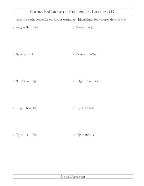 La hoja de ejercicios de Reescribir Ecuaciones Lineales en Forma Estándar (B)