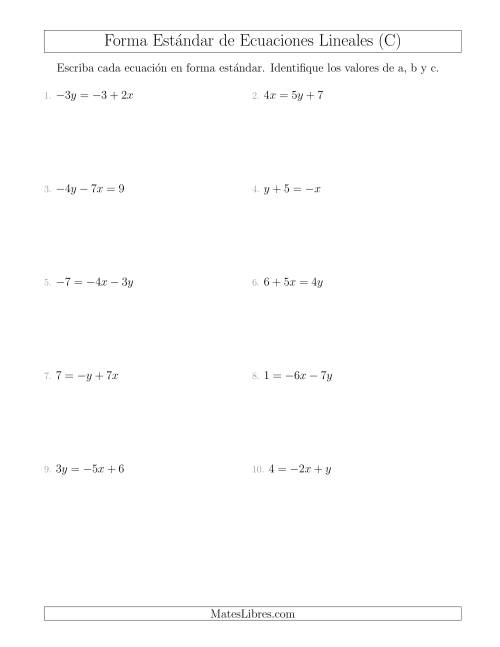 La hoja de ejercicios de Reescribir Ecuaciones Lineales en Forma Estándar (C)