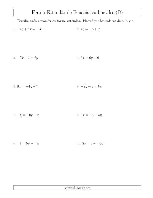 La hoja de ejercicios de Reescribir Ecuaciones Lineales en Forma Estándar (D)