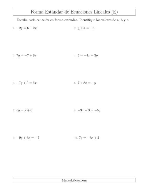 La hoja de ejercicios de Reescribir Ecuaciones Lineales en Forma Estándar (E)