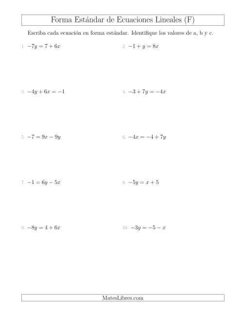 La hoja de ejercicios de Reescribir Ecuaciones Lineales en Forma Estándar (F)
