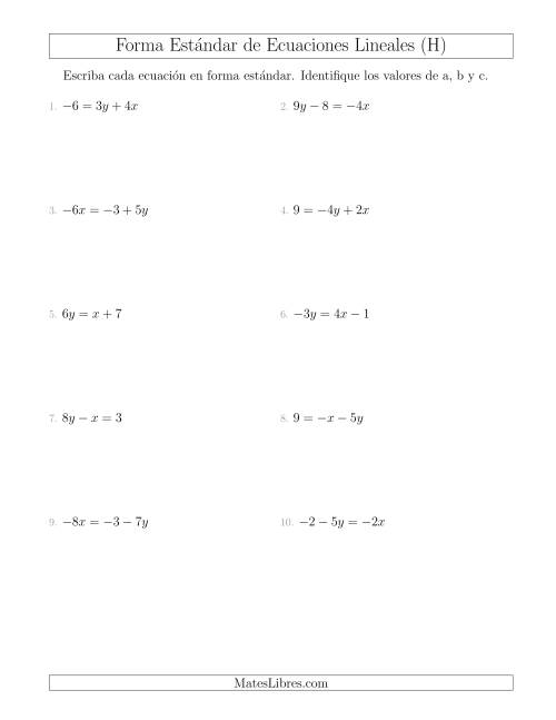 La hoja de ejercicios de Reescribir Ecuaciones Lineales en Forma Estándar (H)