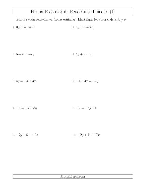 La hoja de ejercicios de Reescribir Ecuaciones Lineales en Forma Estándar (I)