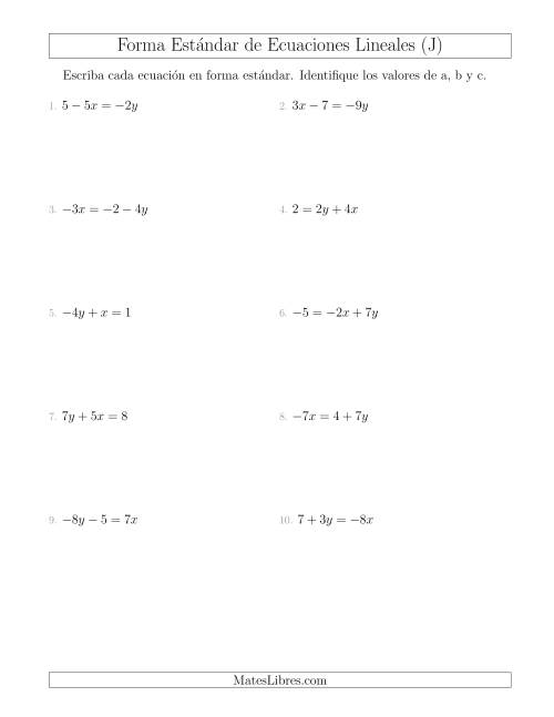 La hoja de ejercicios de Reescribir Ecuaciones Lineales en Forma Estándar (J)