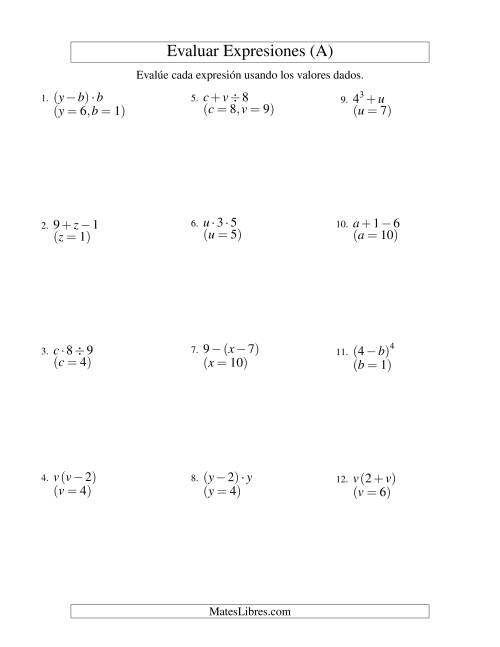 La hoja de ejercicios de Evaluar Expresiones Algebraicas, Dos Variables, Dos Pasos (A)