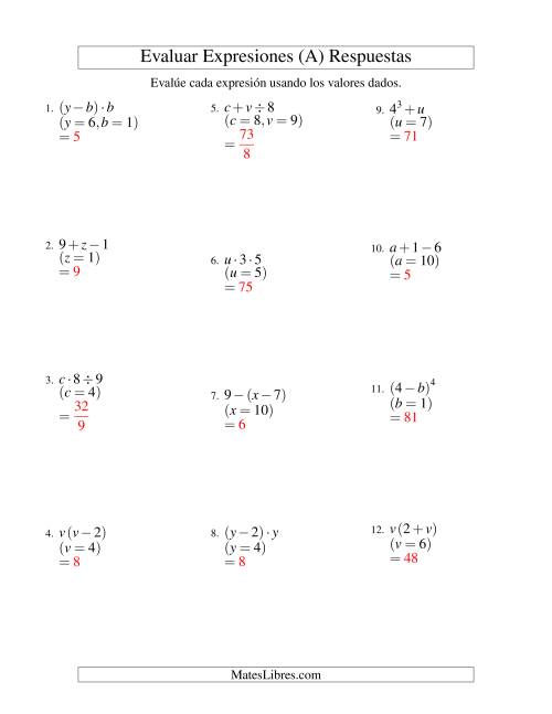 La hoja de ejercicios de Evaluar Expresiones Algebraicas, Dos Variables, Dos Pasos (A) Página 2