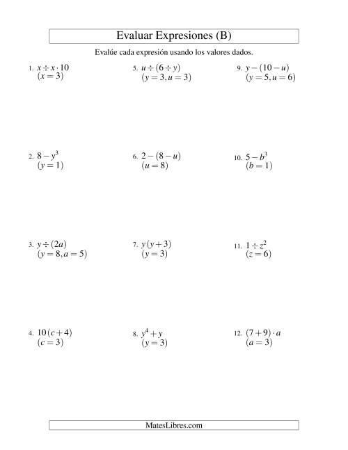 La hoja de ejercicios de Evaluar Expresiones Algebraicas, Dos Variables, Dos Pasos (B)