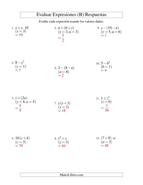 La hoja de ejercicios de Evaluar Expresiones Algebraicas, Dos Variables, Dos Pasos (B) Página 2