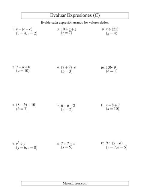 La hoja de ejercicios de Evaluar Expresiones Algebraicas, Dos Variables, Dos Pasos (C)