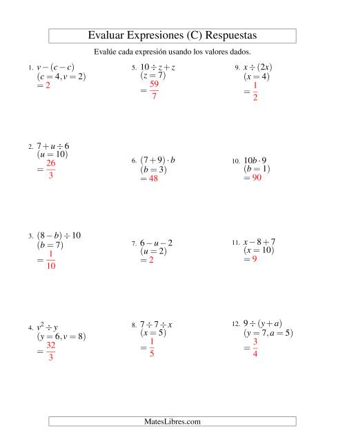 La hoja de ejercicios de Evaluar Expresiones Algebraicas, Dos Variables, Dos Pasos (C) Página 2