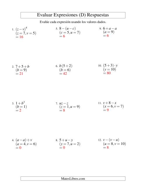 La hoja de ejercicios de Evaluar Expresiones Algebraicas, Dos Variables, Dos Pasos (D) Página 2