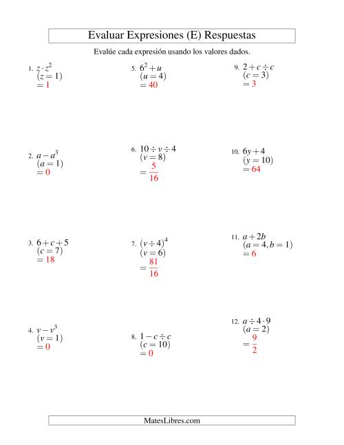 La hoja de ejercicios de Evaluar Expresiones Algebraicas, Dos Variables, Dos Pasos (E) Página 2