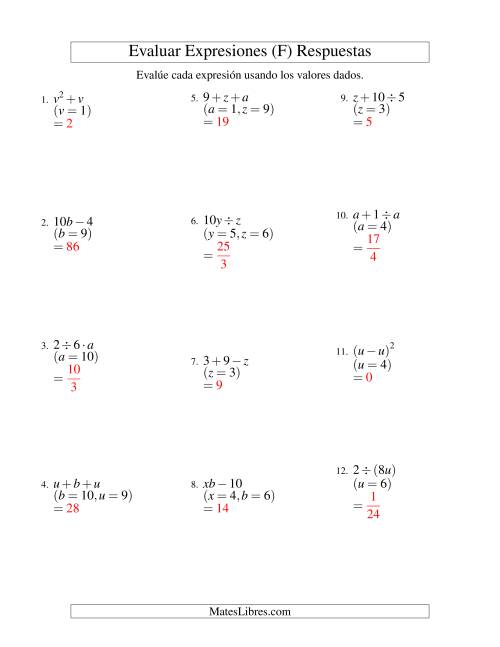 La hoja de ejercicios de Evaluar Expresiones Algebraicas, Dos Variables, Dos Pasos (F) Página 2