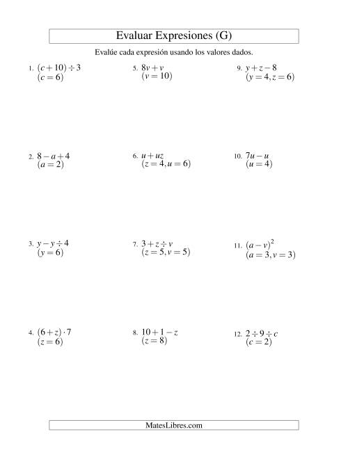 La hoja de ejercicios de Evaluar Expresiones Algebraicas, Dos Variables, Dos Pasos (G)