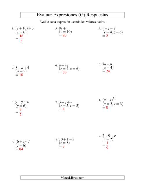 La hoja de ejercicios de Evaluar Expresiones Algebraicas, Dos Variables, Dos Pasos (G) Página 2