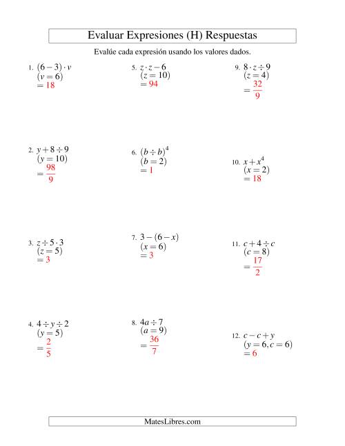 La hoja de ejercicios de Evaluar Expresiones Algebraicas, Dos Variables, Dos Pasos (H) Página 2