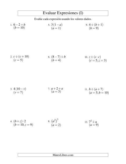 La hoja de ejercicios de Evaluar Expresiones Algebraicas, Dos Variables, Dos Pasos (I)