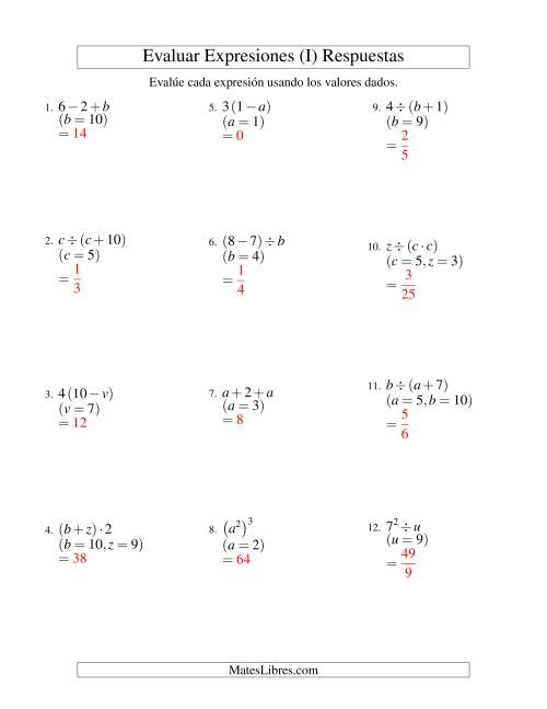 La hoja de ejercicios de Evaluar Expresiones Algebraicas, Dos Variables, Dos Pasos (I) Página 2